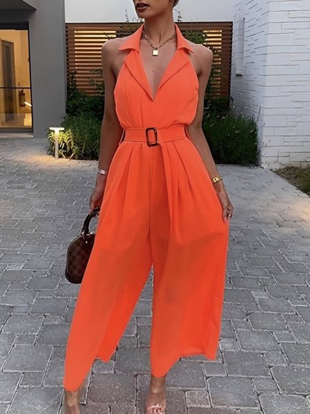 

Urban Plain Shawl Collar Tank Jumpsuit With Belt, Orange, Jumpsuits