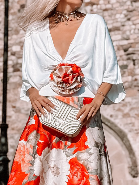 

Vacation 3D Floral Knot Front V Neck Dolman Sleeve Blouse, White, Blouses and Shirts