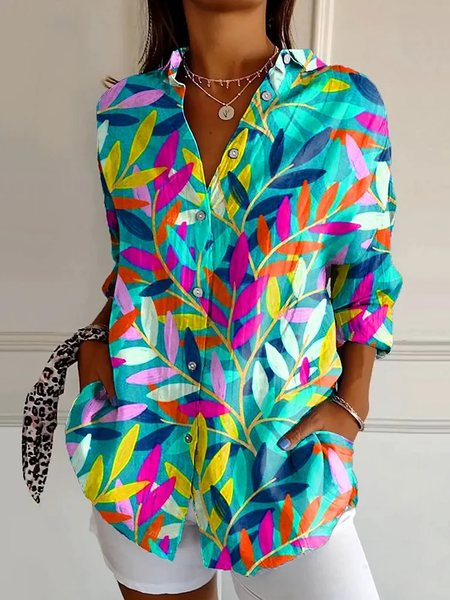 

Shirt Collar Long Sleeve Floral Buckle Regular Loose Button Up Shirt Shirt For Women, As picture, Shirts