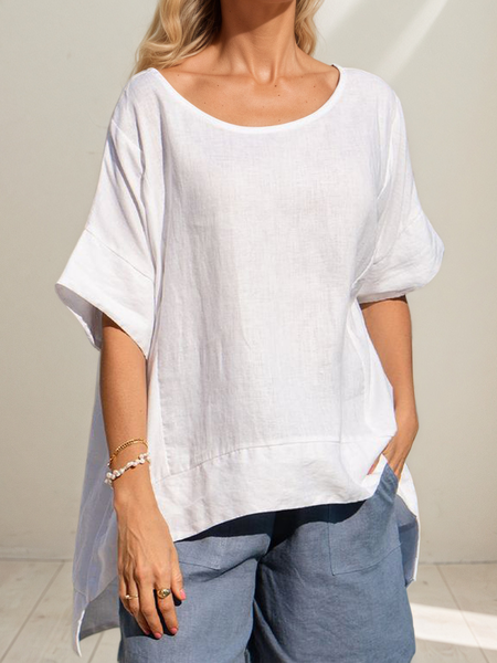 

Linen Casual Plain linen Crew Neck Blouse, White, Blouses & Shirts