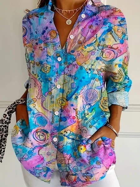 

Shirt Collar Long Sleeve Abstract Buckle Regular Loose Button Up Shirt Shirt For Women, As picture, Shirts