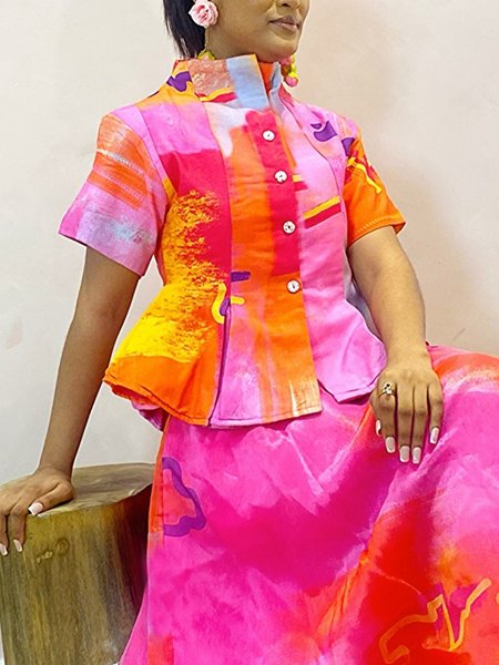 

Urban Abstract Printing Stand Collar Shirt, As picture, Blouses and Shirts