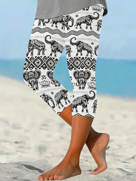 

Women Elephant Capris Elastic Waist Pants Casual Summer Trousers, White, Leggings