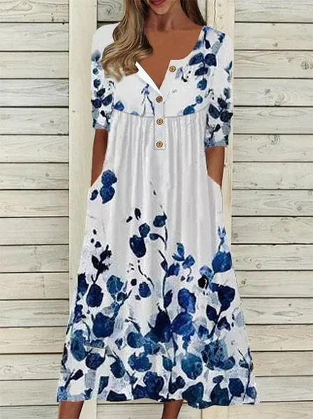 

Women Floral Half Sleeve Summer Printing Dress Half Open Collar Daily Casual Maxi A-Line Dress, White, Casual Dresses
