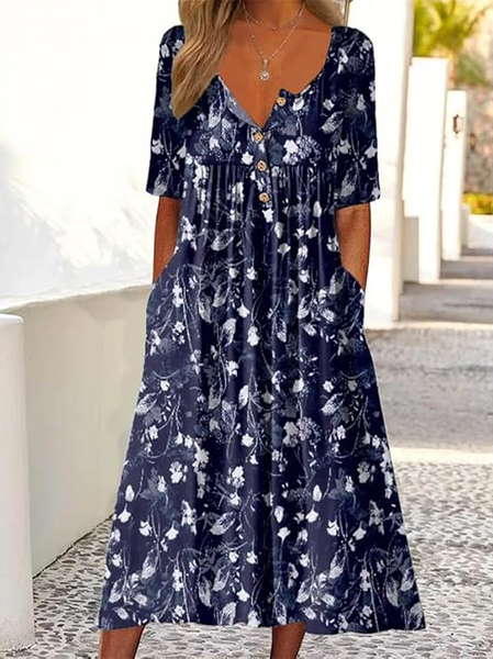 

Women Floral Half Sleeve Summer Printing Dress Half Open Collar Daily Casual Maxi A-Line Dress, Navyblue, Casual Dresses