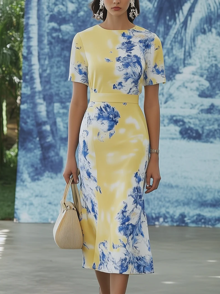 

Elegant Random Print Printing Midi Dress, As picture, Midi Dresses