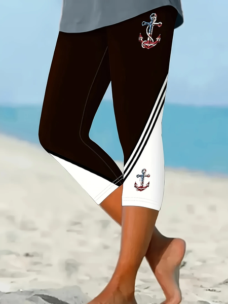 

Women Anchor Capris Elastic Waist Pants Casual Summer Trousers, Black, Leggings