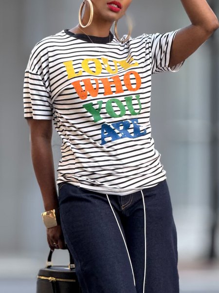 

Casual Striped Printing Letter Pattern Crew Neck T-shirt, As picture, Tees