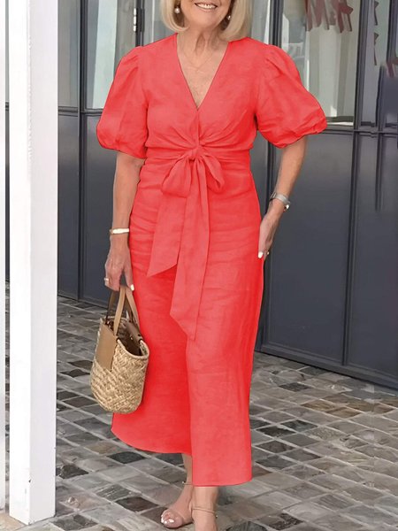 

Casual Plain Lace-up V Neck Maxi Dress, Watermelon, Midi Dresses