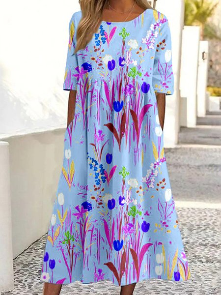 

Women Floral Crew Neck Half Sleeve Comfy Casual Maxi Dress, Blue, Dresses