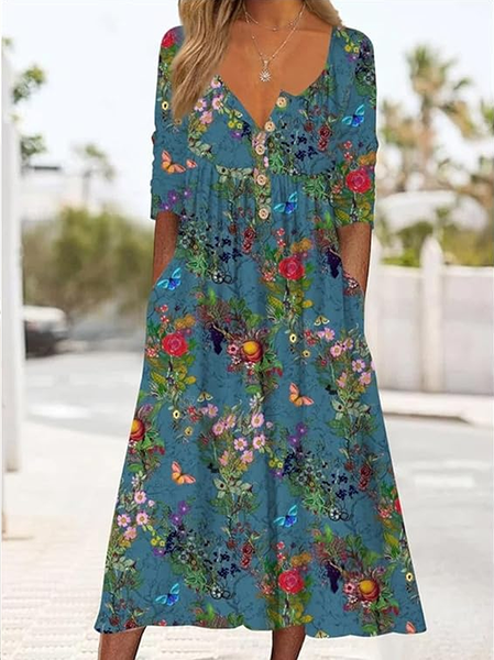 

Women Floral Half Open Collar Half Sleeve Comfy Casual Printing Maxi Dress, Blue, Dresses