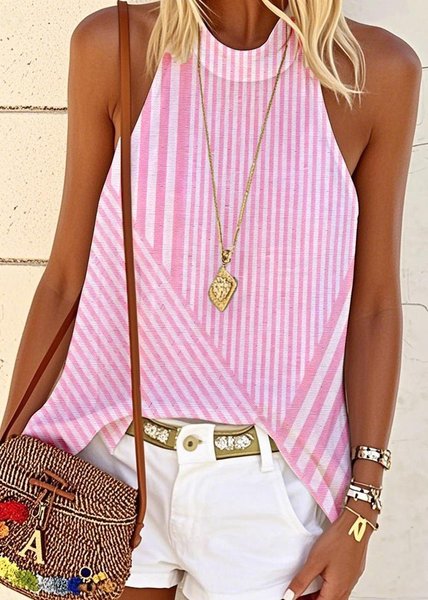 

Vintage Striped Halter Sleeveless T-shirt, Pink, Tanks & Camis