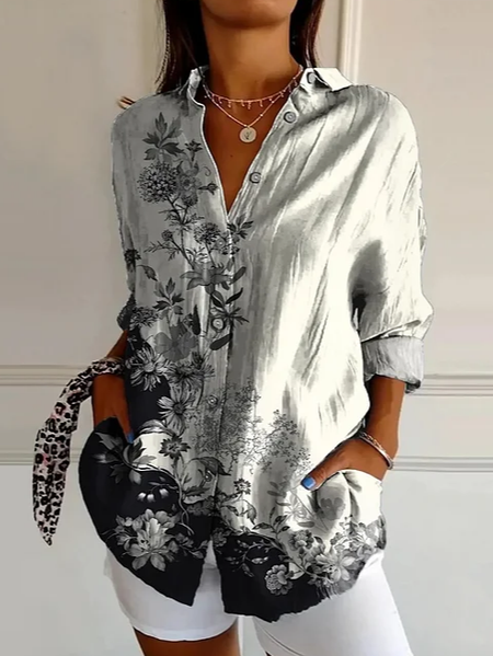 

Women Floral Long Sleeve Shirt Spring/Fall Buckle Shirt Collar Daily Casual Top, As picture, Shirts