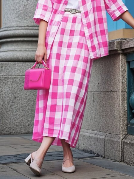 

Casual Printing Plaid Maxi Skirt No Belt, Pink, Skirts