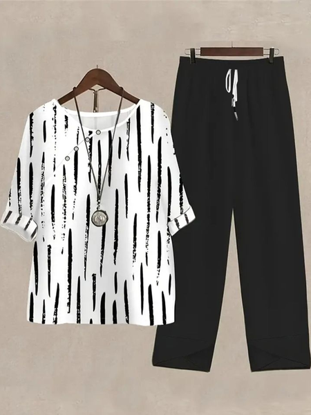 

Women Striped Crew Neck Half Sleeve Comfy Casual Printing Top With Pants Two-Piece Set, Black-white, Sets