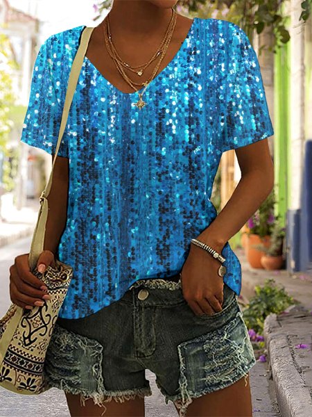 

Casual Floral V Neck Short Sleeve T-shirt, Blue, T-shirts