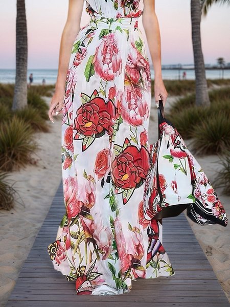 

Vacation Printing Floral Maxi Skirt, As picture, Skirts