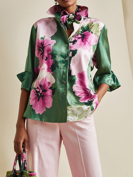 

Urban Floral Printing Shirt Collar Shirt, As picture, Blouses and Shirts
