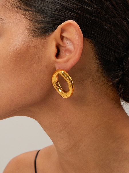 

18k gold hollow oval earrings fashionable and individual ladies, Golden, Earrings