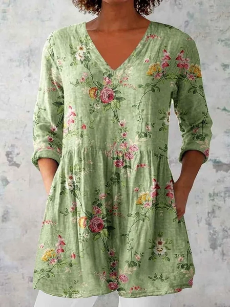 

Women Floral Long Sleeve Shirt Spring/Fall Printing V Neck Daily Casual Top, Green, Blouses
