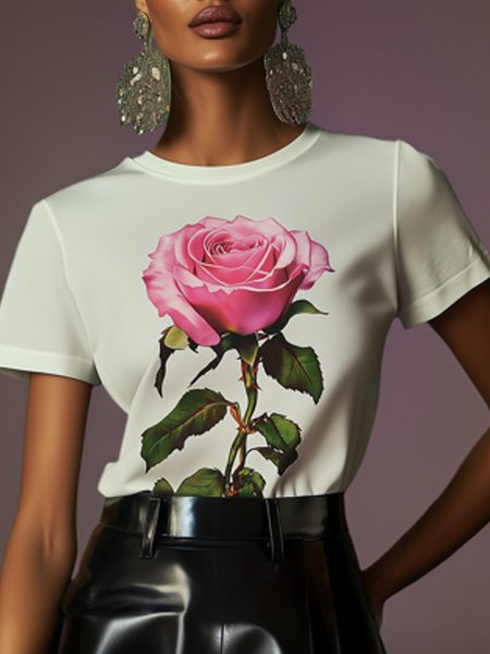 

Casual Floral Printing Crew Neck T-shirt, As picture, Tees