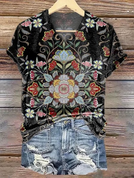 

Vintage Ethnic Floral Print V Neck Short Sleeve Cotton T-shirt, Black, T-shirts