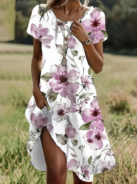 

Women Floral Short Sleeve Summer Printing Dress Crew Neck Daily Casual Mini Tunic H-Line Dress, Pink, Casual Dresses