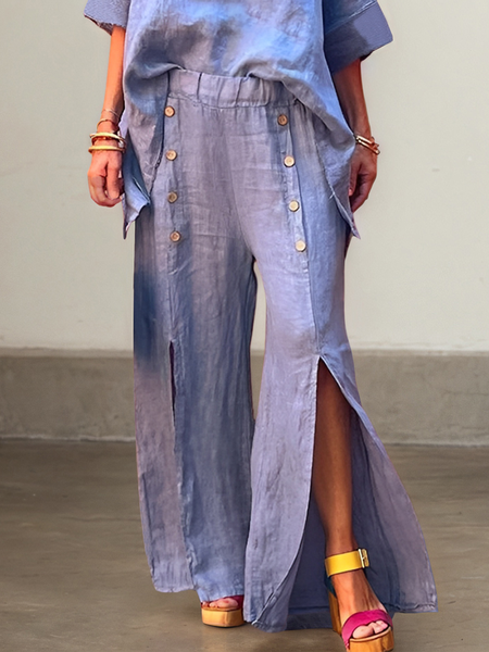 

Casual Plain linen-cotton Straight Pants, Blue, Pants