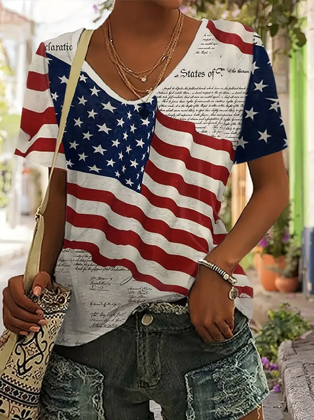 

Women Independence Day (Flag) Short Sleeve Tee T-shirt V Neck Printing Casual Summer Graphic Tee Top, As picture, T-Shirts