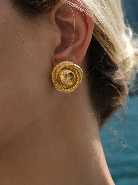 

Titanium Steel 18k Gold Plated Threaded Texture Round Earrings, Golden, Earrings