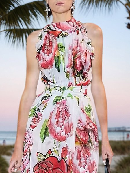 

Vacation Floral Printing Halter Tank Top, As picture, Tanks and Camis