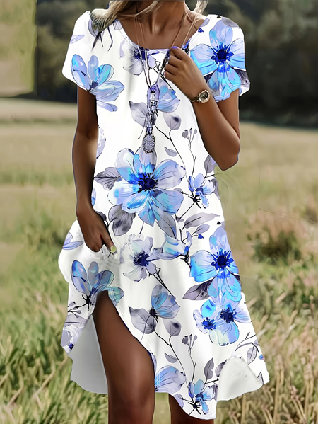 

Women Floral Short Sleeve Summer Printing Dress Crew Neck Daily Casual Mini Tunic H-Line Dress, Blue, Casual Dresses