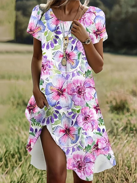 

Women Floral Short Sleeve Summer Printing Dress Crew Neck Daily Casual Mini Tunic H-Line Dress, Purple, Casual Dresses
