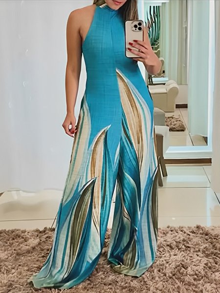 

Vacation Printing Random Print Halter Tank Jumpsuit, Blue, Jumpsuits