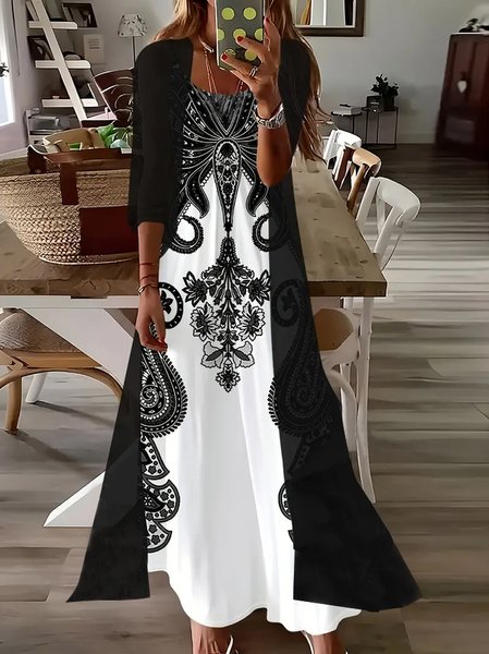 

Women Floral Crew Neck Three Quarter Sleeve Comfy Casual Printing Dress With Coat Two-Piece Set, Black, Dresses