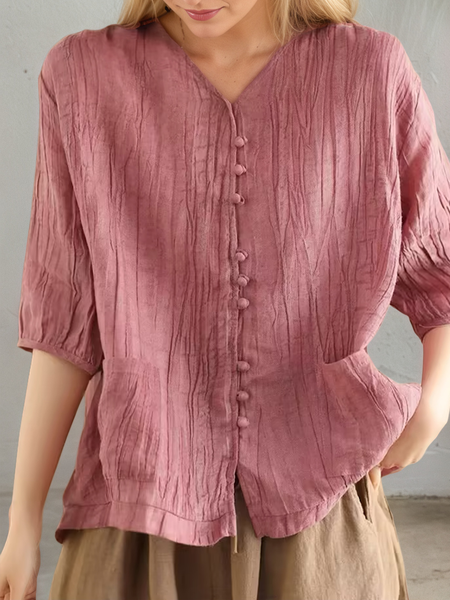 

Linen Casual Plain V Neck linen-cotton Blouse, Deep pink, Blouses & Shirts