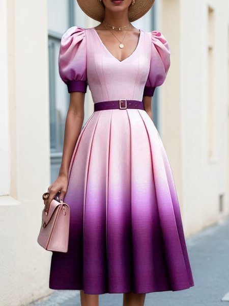 

Urban Ombre Printing Midi Dress With Belt, Purple, Midi Dresses