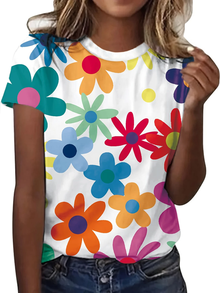 

Women Floral Short Sleeve Tee T-shirt Crew Neck Printing Casual Summer Graphic Tee Top, White, T-Shirts
