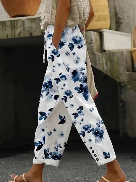

Women Floral Long Pants Casual Spring/Fall Trousers, White, Pants