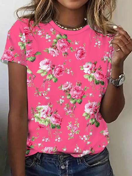 

Women Floral Short Sleeve Tee T-shirt Crew Neck Printing Casual Summer Graphic Tee Top, Pink, T-Shirts