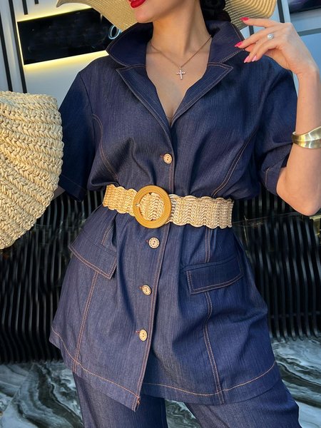 

Denim Casual Plain Distressing Denim Shirts No Belt, Blue, Blouses and Shirts