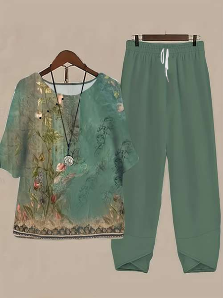 

Women Floral Printing Two-Piece Set Daily Half Sleeve Casual Summer Top With Pants Matching Set, Green, Suit Set
