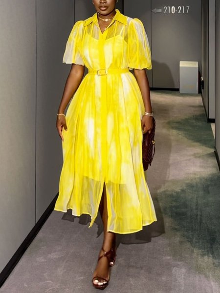 

Elegant Random Print Puff Sleeve Printing Shirt Collar Midi Dress With Belt, Yellow, Midi Dresses