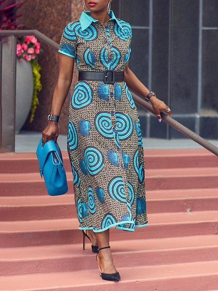 

Elegant Random Print Printing Shirt Collar Midi Dress With Belt, As picture, Midi Dresses