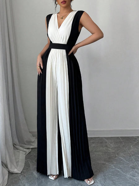 

Urban Split Joint Color Block Jumpsuit, Black-white, Jumpsuits