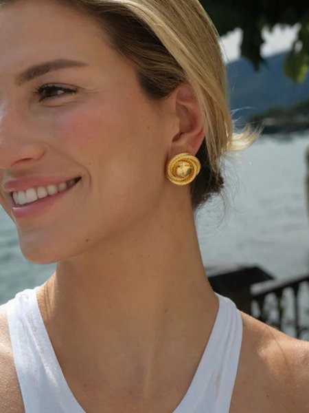 

Titanium Steel 18k Gold Plated Threaded Texture Round Earrings, Golden, Earrings