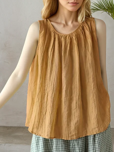 

Linen Casual Plain linen-cotton Crew Neck Tank Top, Yellow, Tank Tops & Camis