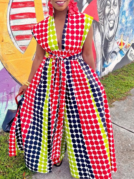 

Urban Printing Polka Dots V Neck Jumpsuit With Belt, As picture, Jumpsuits