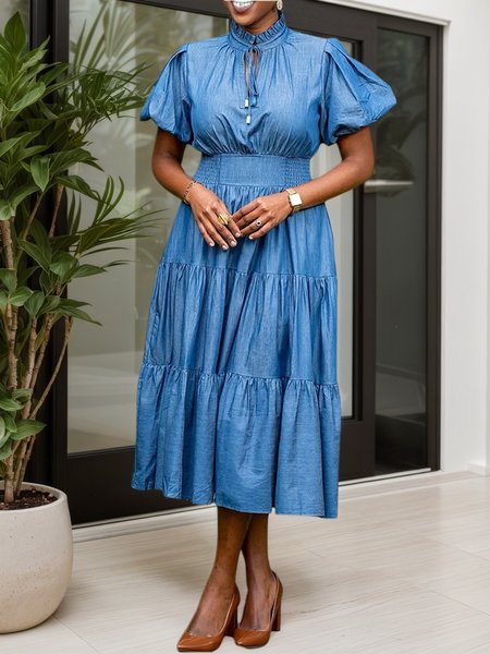 

Faux Denim Urban Plain Puff Sleeve Peplum Stand Collar Midi Dress, Blue, Midi Dresses