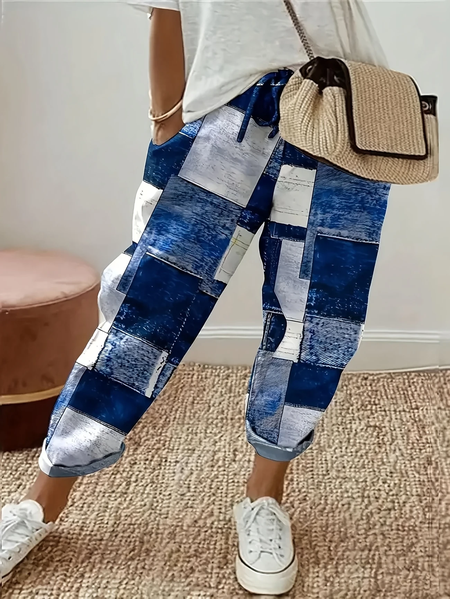 

Women Geometric Long Pants Casual Spring/Fall Trousers, Blue, Pants